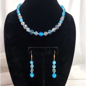 Vintage Lisner Blue and white Glass Bead Necklace & Earrings Set Aurora Borealis